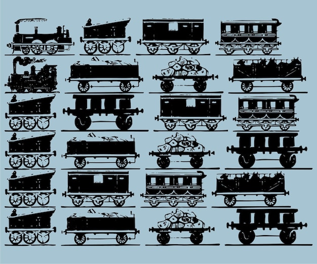 Vecteur un ensemble de moteurs de train avec un fond bleu.