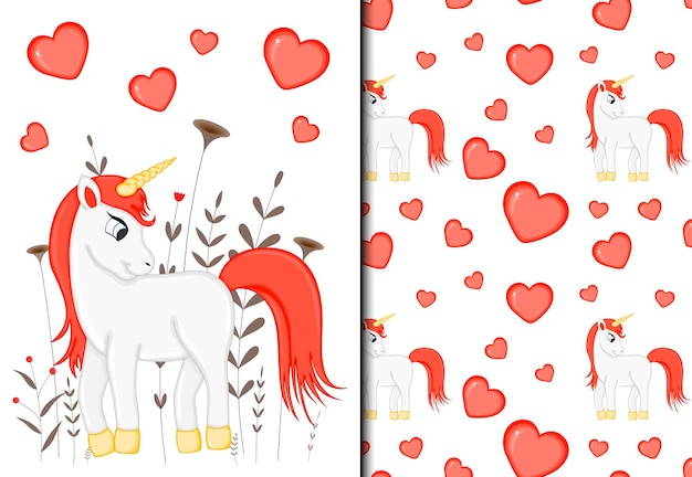 Ensemble De Motif Et Carte Postale De La Saint-valentin Avec Une Jolie Licorne. Style De Bande Dessinée. Illustration Vectorielle.