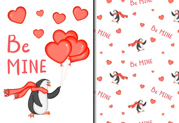 Ensemble De Motif Et Carte Postale De La Saint-valentin Avec Un Mignon Pingouin. Style De Bande Dessinée. Illustration Vectorielle.