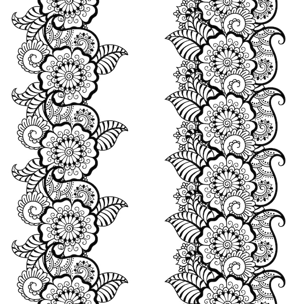 Ensemble De Motifs De Bordures Sans Couture Pour Mehndi, Dessin Au Henné Et Tatouage. Décoration De Style Ethnique Oriental, Indien. Ornement De Griffonnage. Décrire L'illustration Vectorielle De Tirage à La Main.