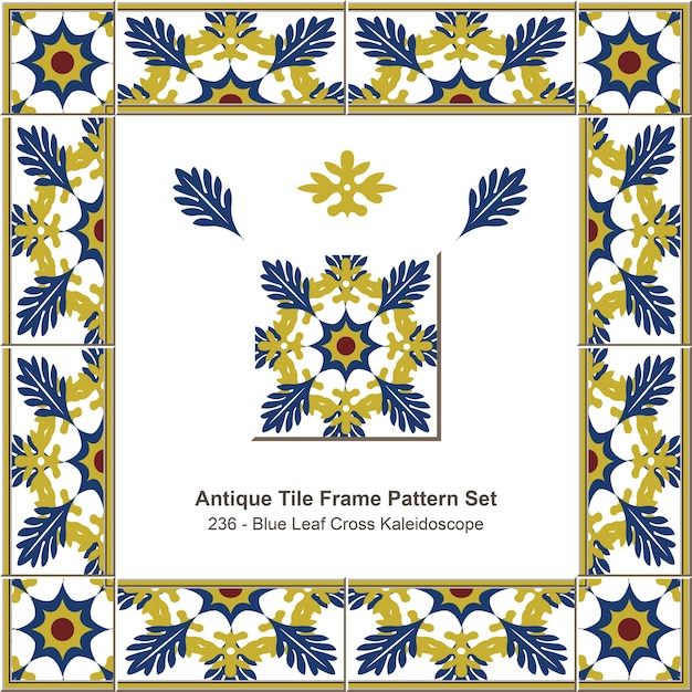 Ensemble de motifs de cadre de carreaux anciens Kaléidoscope croix feuille bleue