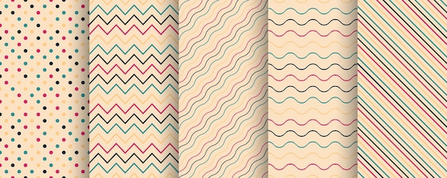 Ensemble de motifs de couleurs simples et sans couture, design rétro minimal, points rayés, texture textile répétitive.