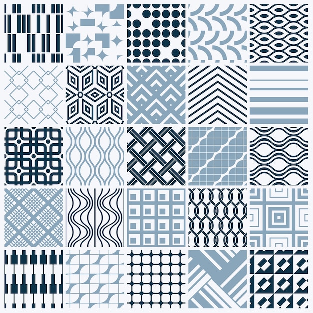 Ensemble de motifs géométriques vectoriels sans fin composés de différentes figures comme des losanges, des carrés et des cercles. Tuiles décoratives graphiques réalisées dans des couleurs noir et blanc.