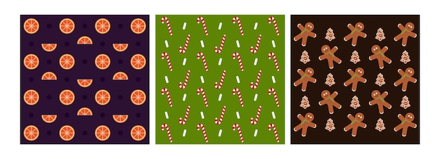 ensemble de motifs de noël avec des bonbons, des pains d'épice, des oranges illustration vectorielle dans un style plat