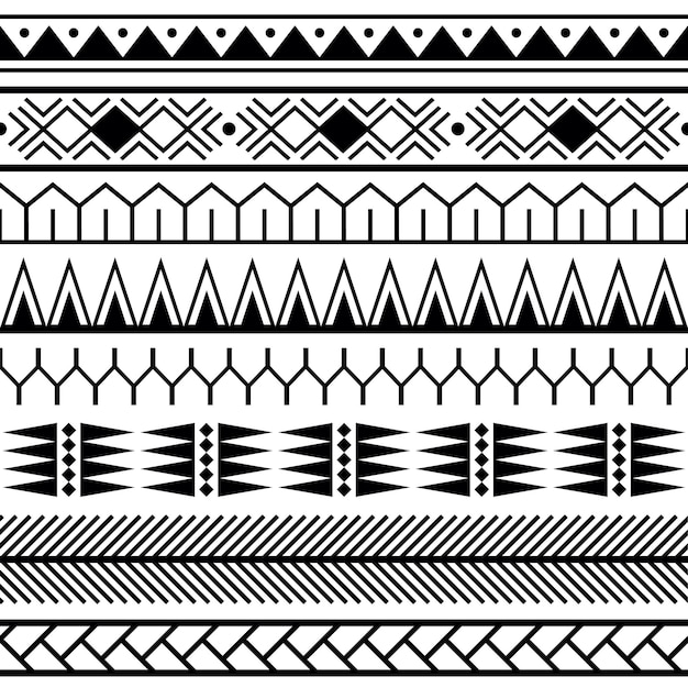 Ensemble de motifs sans couture ethniques vectoriels dans le style de tatouage maori Bordure géométrique Motif horizontal