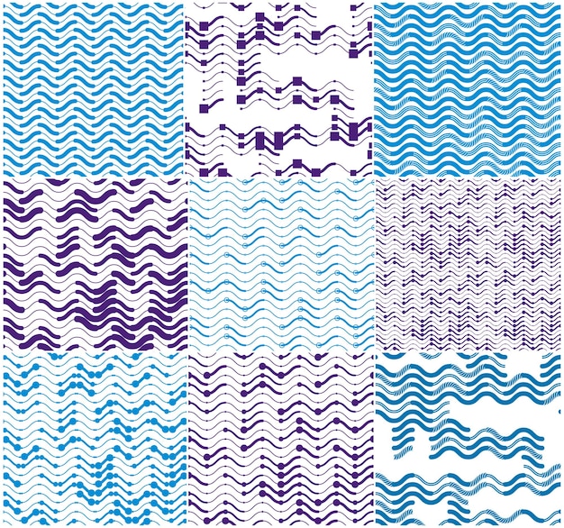 Ensemble de motifs sans soudure de lignes techniques ondulées, collection d'arrière-plans vectoriels abstraits répétés sans fin, vagues rythmiques de couleur bleue.