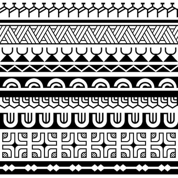 Ensemble De Motifs Vectoriels Sans Couture Géométrique Tribal Polynésien Maori