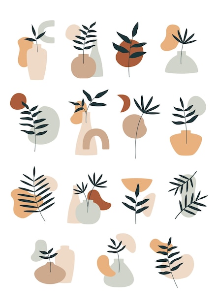 Ensemble de mur botanique avec collection de fond de feuilles Feuilles abstraites illustration design plat