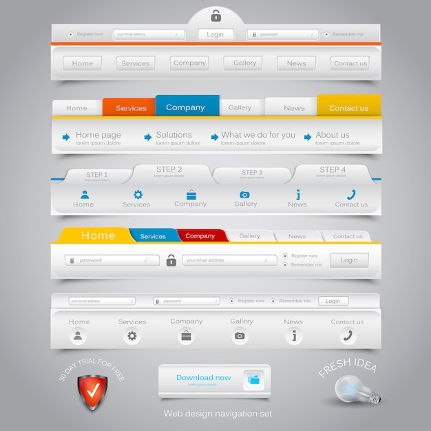 Vecteur ensemble de navigation de conception web.