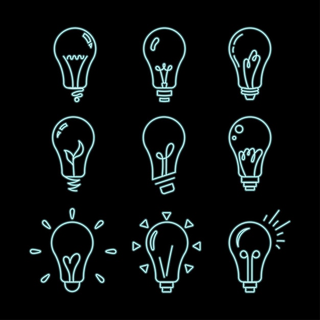 Ensemble de neuf ampoules enseigne au néon vecteur Ampoules Modèle de conception icône néon bannière lumineuse néon enseigne symbole lumineux Illustration vectorielle