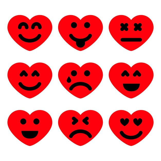 Ensemble de neuf coeurs de dessin animé avec émotions. Icône Emoji dans les symboles d'amour. Illustration vectorielle