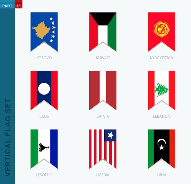 Ensemble De Neuf Drapeaux Verticaux Vectoriels Icône Verticale Avec Drapeau Du Kosovo Koweït Kirghizistan Laos Lettonie Liban Lesotho Libéria Libye