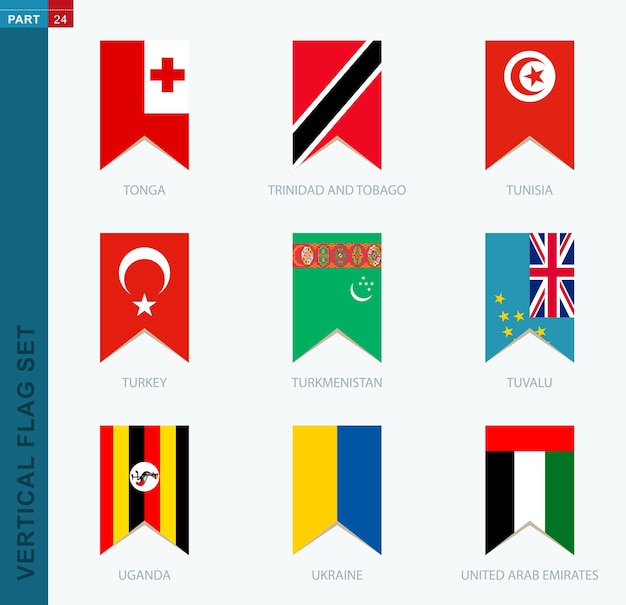 Ensemble De Neuf Drapeaux Verticaux Vectoriels Icône Verticale Avec Le Drapeau Des Tonga Trinité-et-tobago Tunisie Turquie Turkménistan Tuvalu Ouganda Ukraine émirats Arabes Unis