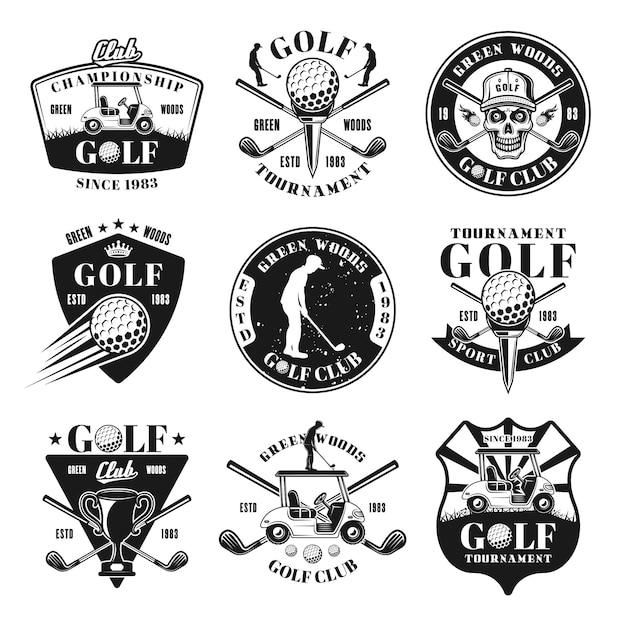 Ensemble De Neuf Emblèmes, Badges, étiquettes Ou Logos Monochromes Vectoriels De Golf Dans Un Style Vintage Isolé Sur Fond Blanc