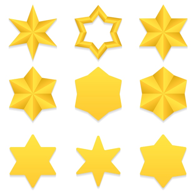 Ensemble de neuf étoiles d&#39;or à six points différentes.