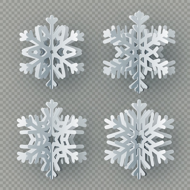 Ensemble de neuf flocons de neige en papier différents découpés dans du papier sur fond transparent. Joyeux Noël, objet de décoration thème nouvel an hiver.