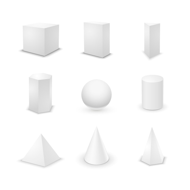 Ensemble de neuf formes géométriques élémentaires de base, primitives 3d vierges isolées
