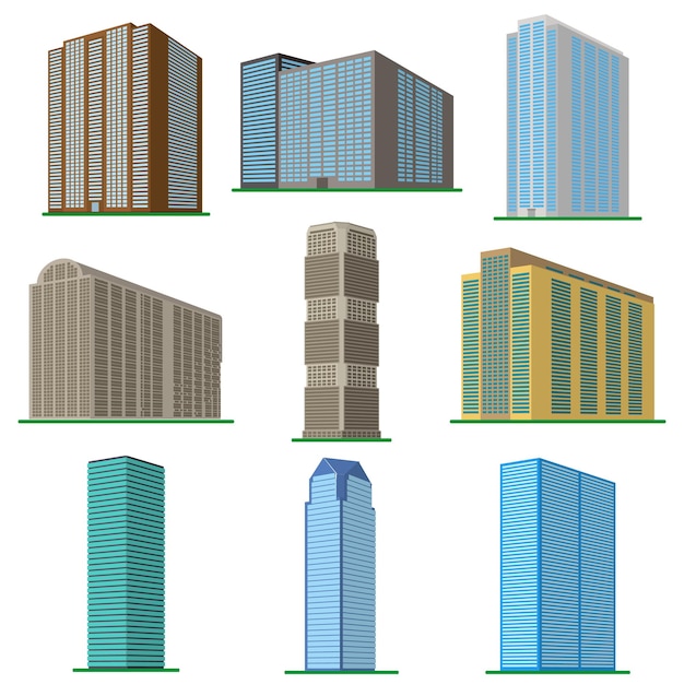 Ensemble de neuf gratte-ciel modernes sur fond blanc. Vue du bâtiment depuis le bas. Illustration vectorielle isométrique.