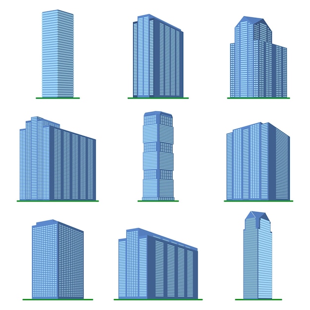 Ensemble de neuf tours d'habitation modernes sur fond blanc Vue du bâtiment depuis le bas Illustration vectorielle isométriquexA
