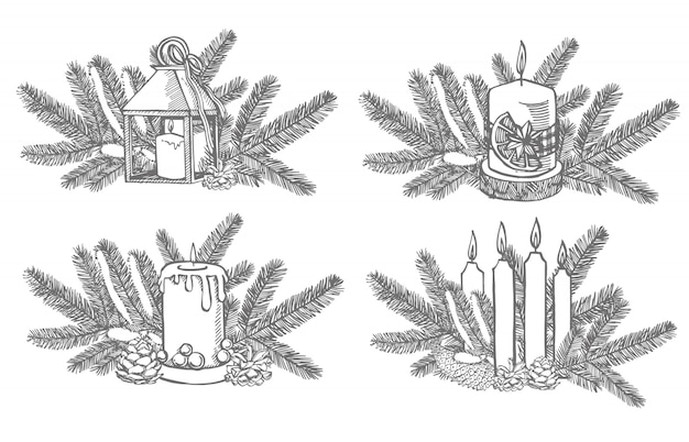 Ensemble de Noël. Branches d'arbres de Noël et bougie. Éléments de conception de nouvel an et de Noël. . Illustration vintage.