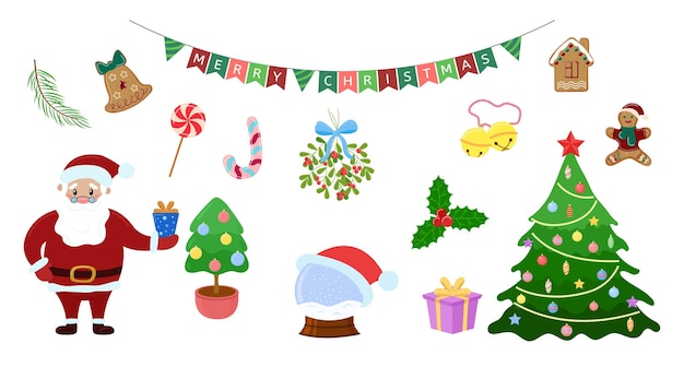 Ensemble de Noël. Décorations de vacances, ornements et éléments isolés sur fond blanc. Collection plate de vecteur.