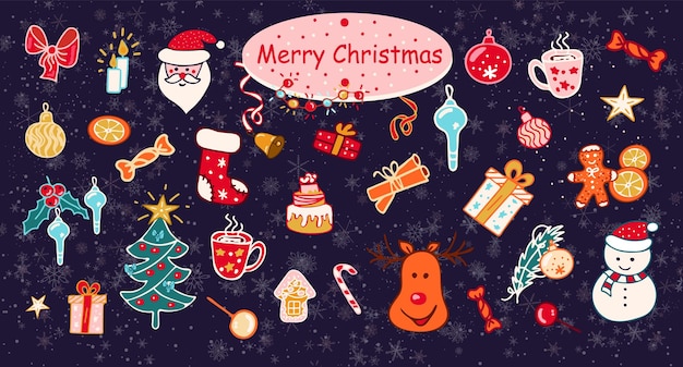 Ensemble de Noël dessiné à la main avec des éléments décoratifs isolés