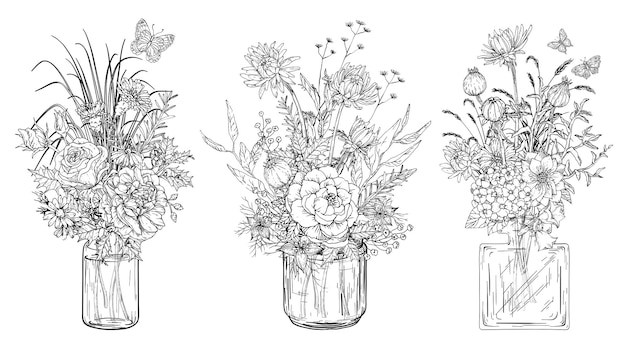 Ensemble Noir Et Blanc De Bouquets De Fleurs Dans Des Vases En Verre