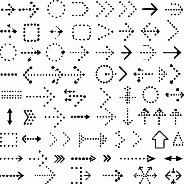 Ensemble noir et blanc d'icônes de flèches et de cercles de style pointillé