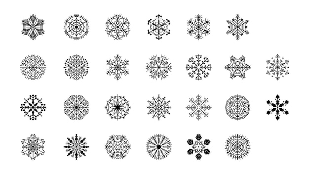 Ensemble Noir Colleciton Ligne Snowflake Doodle Hiver Décoration Éléments Vector Design Style
