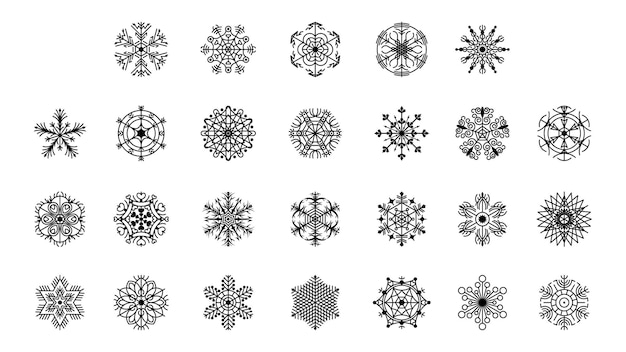 Ensemble Noir Colleciton Ligne Snowflake Doodle Hiver Décoration Éléments Vector Design Style