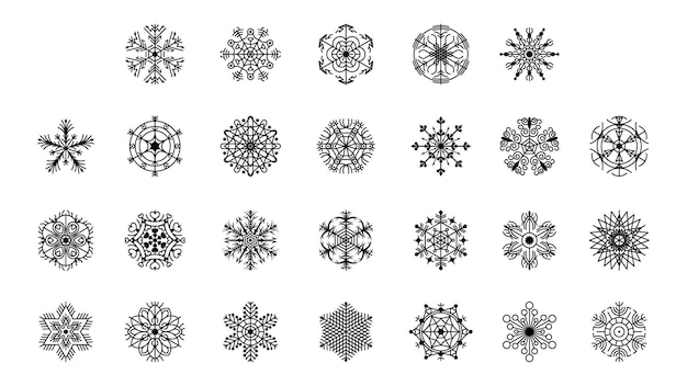 Ensemble Noir Colleciton Ligne Snowflake Doodle Hiver Décoration Éléments Vector Design Style