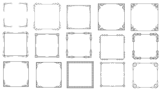 Ensemble Noir Collection de cadres en ligne simple Doodle Cadre floral carré Éléments style de conception vectorielle