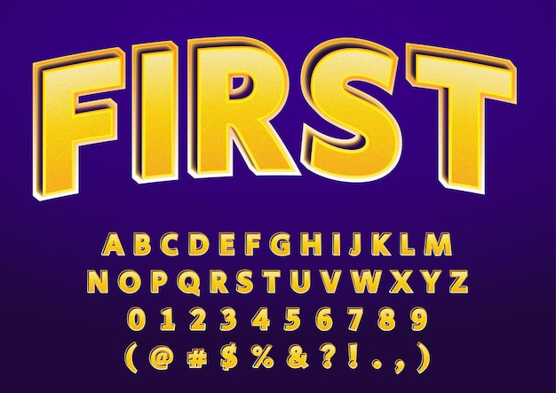 Ensemble de nombres d'alphabets jaunes texturés en 3D