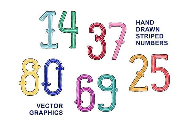 Vecteur ensemble de nombres lumineux et amusants de 1 à 0 chiffres linéaires rayés enfantins dessinés à la main graphiques vectoriels