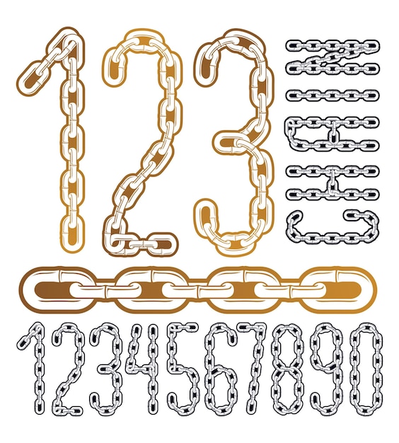 Ensemble De Nombres Vectoriels De 0 à 9. Chiffres Sympas à Utiliser Comme éléments De Conception D'affiches. Fabriqué Avec Une Chaîne En Fer, Connexion Liée.