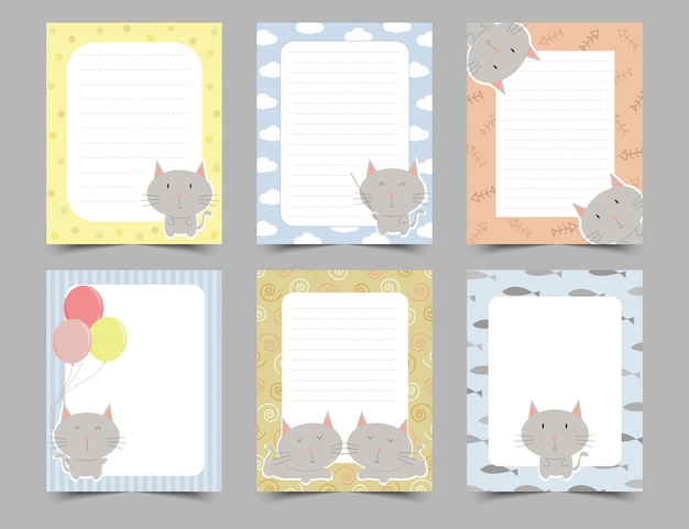 Vecteur ensemble de notes de journal mignon avec cadre de petits chats.