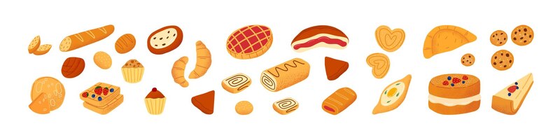 Ensemble de nourriture de boulangerie lot de pâtisseries fraîches gâteaux croissants français pain baguettes et brioches desserts sucrés cuits à partir de farine de blé illustration vectorielle plane colorée isolée sur fond blanc