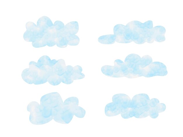 Un ensemble de nuages bleus aquarelles sur fond blanc