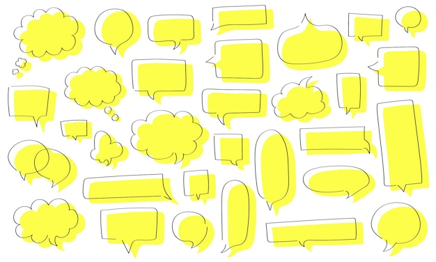 Ensemble De Nuages De Chat Dessinés à La Main De Contour Jaune Et Noir. Bulles Dans Doodle, Style Croquis