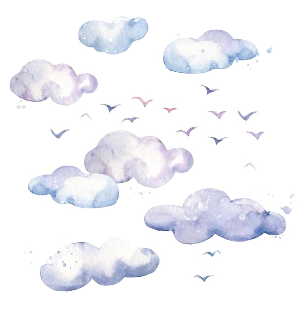 Vecteur ensemble de nuages et d'oiseaux d'aquarelle de pluie bleue