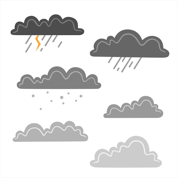 Ensemble De Nuages De Pluie Isolé Sur Fond Blanc. Illustration Vectorielle Plane