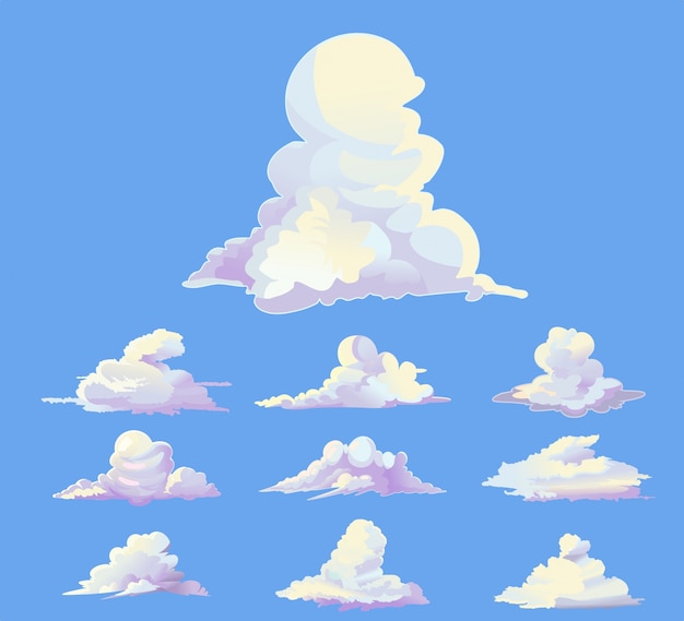 Vecteur ensemble de nuages ​​de style dessin animé dans le ciel de la journée