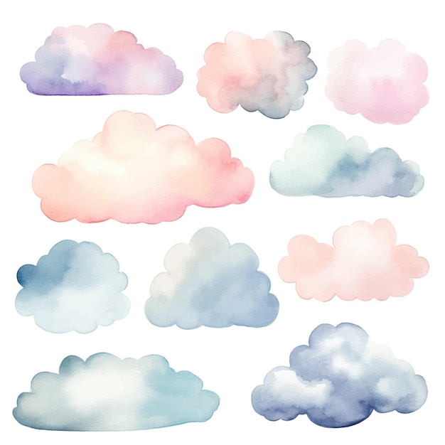 Vecteur ensemble de nuages vectoriels à l'aquarelle isolés sur blanc couleur pastel fantastique décoration élégante délicate