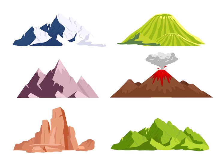 Vecteur ensemble d'objets de couleur plat montagnes