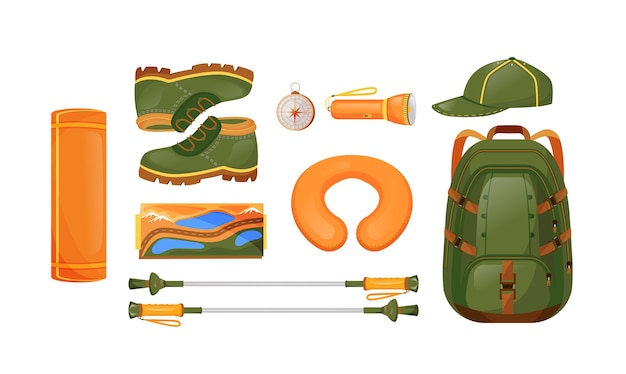 Vecteur ensemble d'objets de couleur plate de matériel de randonnée. boussole et carte. sacs polochons, sac à dos, essentiels de voyage aventure. trekking gear illustration de dessin animé isolé 2d sur fond blanc