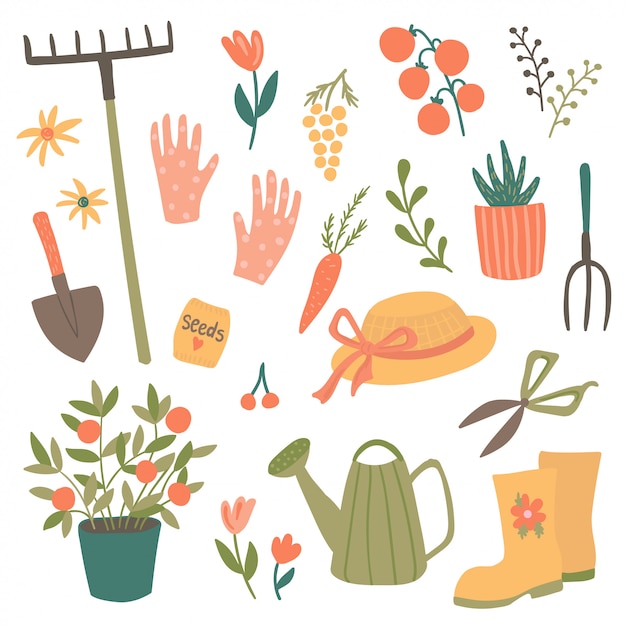 Vecteur ensemble d'objets de jardin mignon, illustration d'outils et d'éléments de jardinage: bêche, fourche, plantes, arrosoir, plantes, gants de jardin, chapeau, bottes.