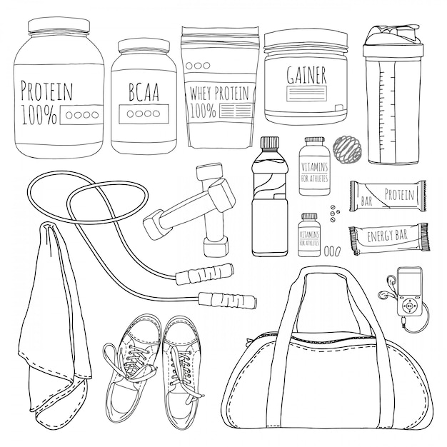 Un Ensemble D'objets De Nutrition Sportive. Sacs Pour L'entraînement, Entraîneurs, Haltères Et Suppléments Pour Les Athlètes. Style De Ligne.