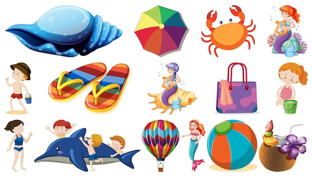 Ensemble d'objets de plage d'été et de personnages de dessins animés