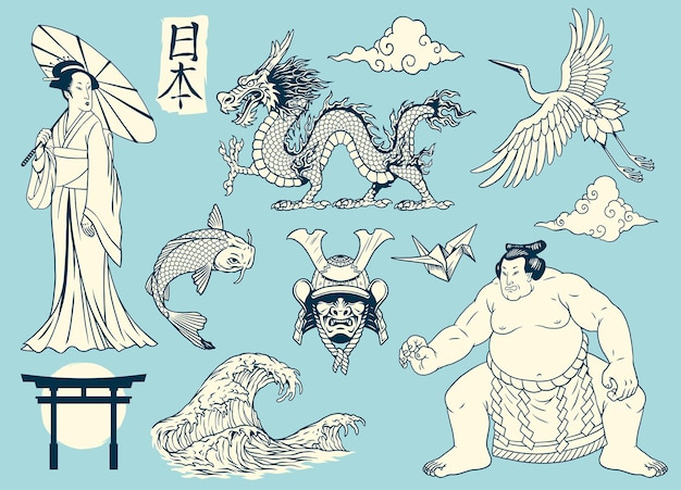 Ensemble D'objets Traditionnels Japonais Dessinés à La Main