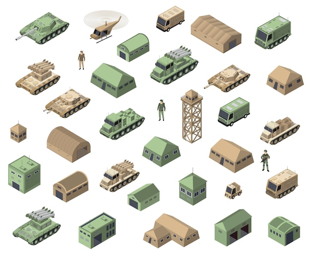 Ensemble D'objets De Transport Militaire Armé Isométrique De Troupes Armées Et D'équipements De Combat De Guerre Force éléments Graphiques Machine De Char Illustration 3d